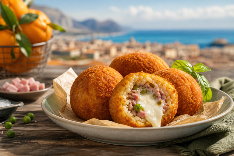 Arancini au jambon, mozzarella et petits pois (version Palermo)