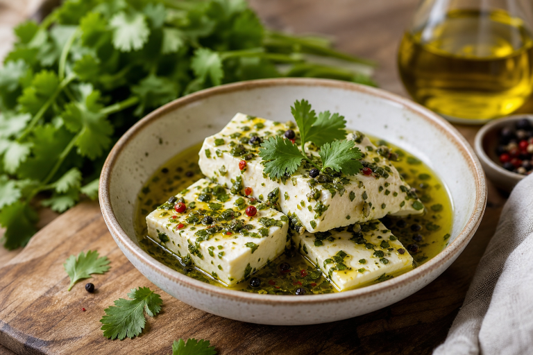 Feta marinée à l’huile d’olive, coriandre et citron