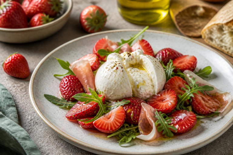 Salade de fraises et burrata, condiment fraise-balsamique et basilic