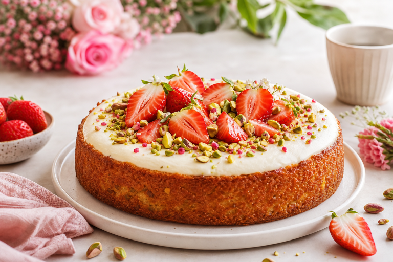 Gâteau ricotta, pistache & fraises (spécial fête des mères)