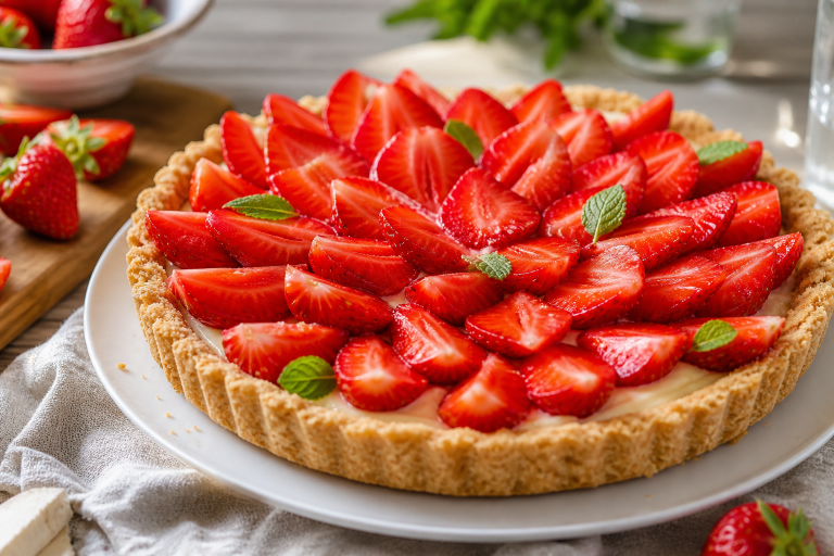 Tarte aux fraises sans four, crème vanille-citron et base biscuit croustillante