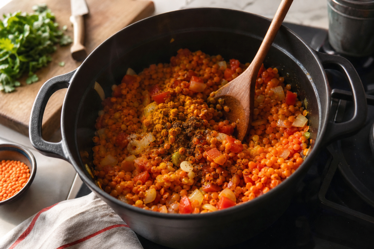 Curry de lentilles coco minute et galettes de pois chiche à la poêle