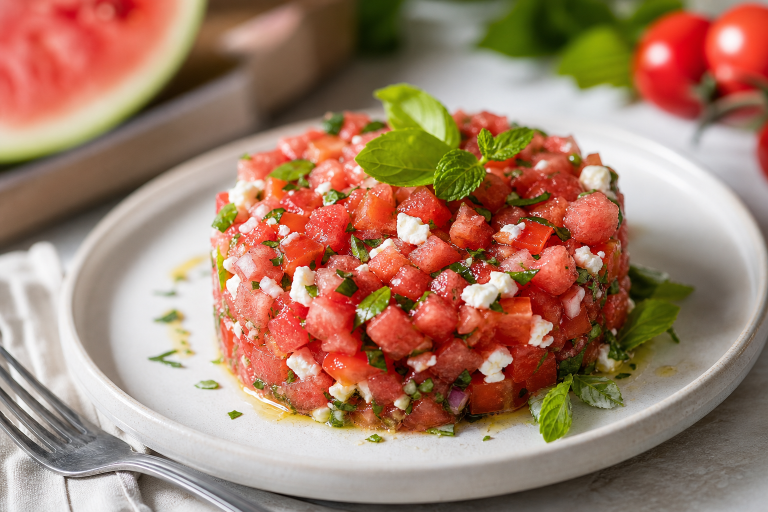 Tartare de pastèque et tomate, vinaigre de Xérès & basilic