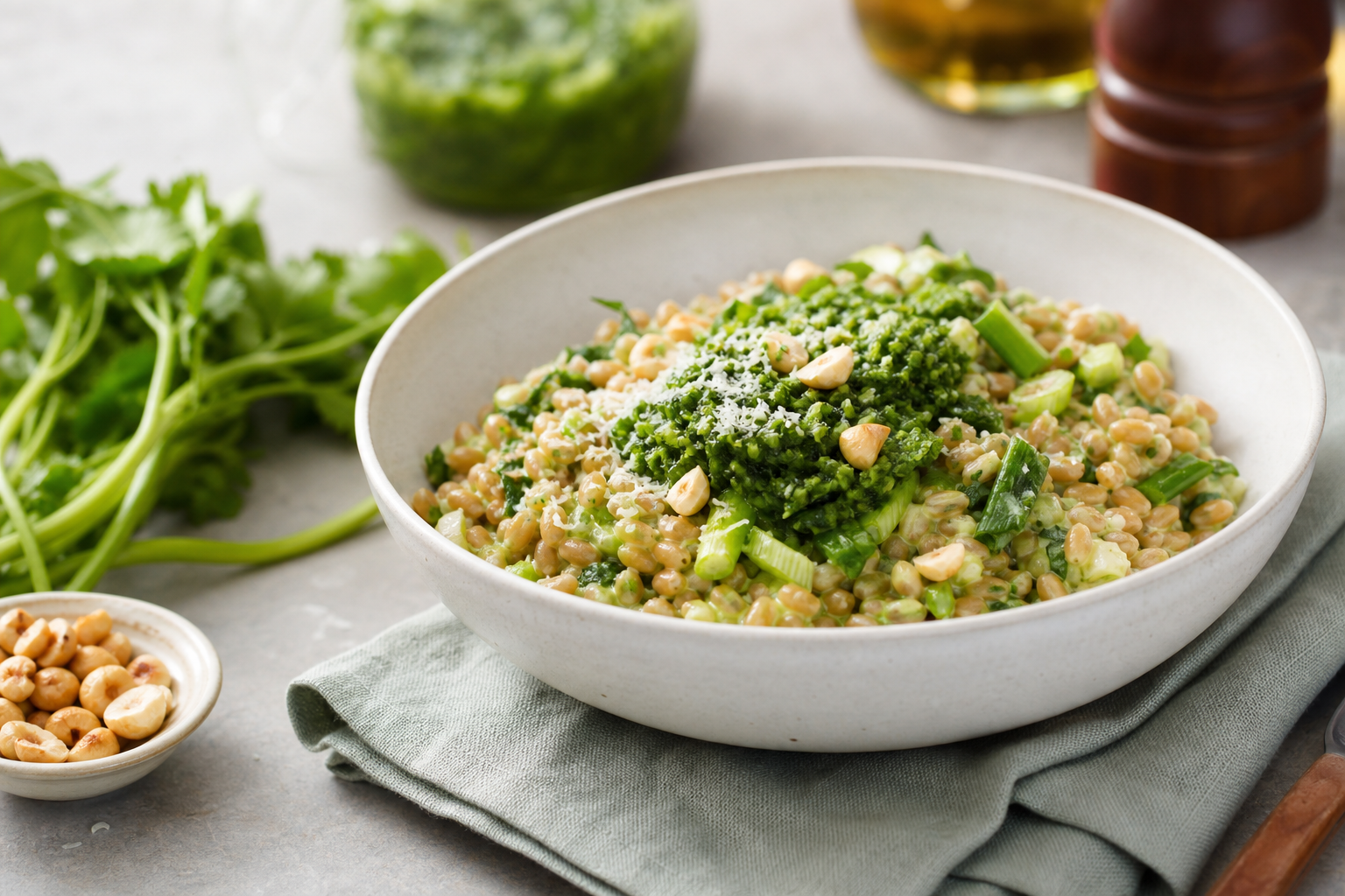 Épeautre crémeux façon risotto & pesto de fanes de carottes