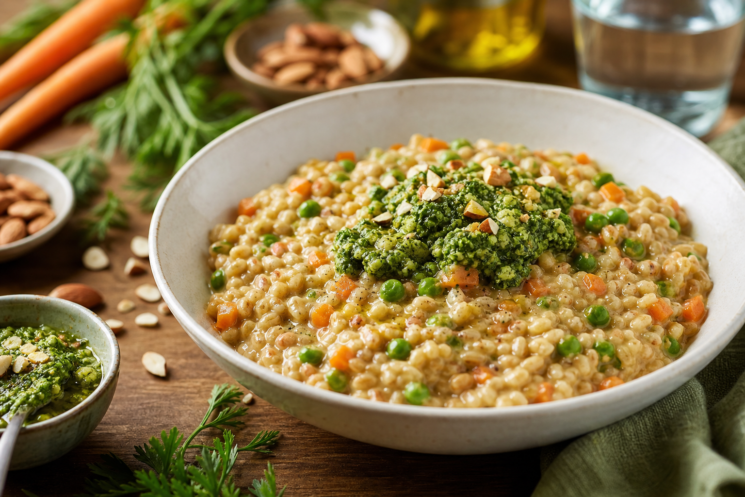 Risotto revisité en 20 min : épeautre crémeux + pesto de fanes (anti-gaspi)