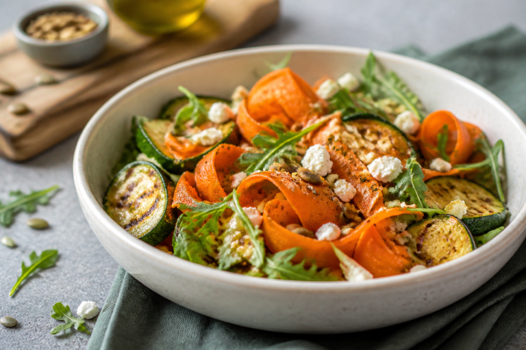 Salade de carottes et courgettes rôties au cumin, citron et fromage frais
