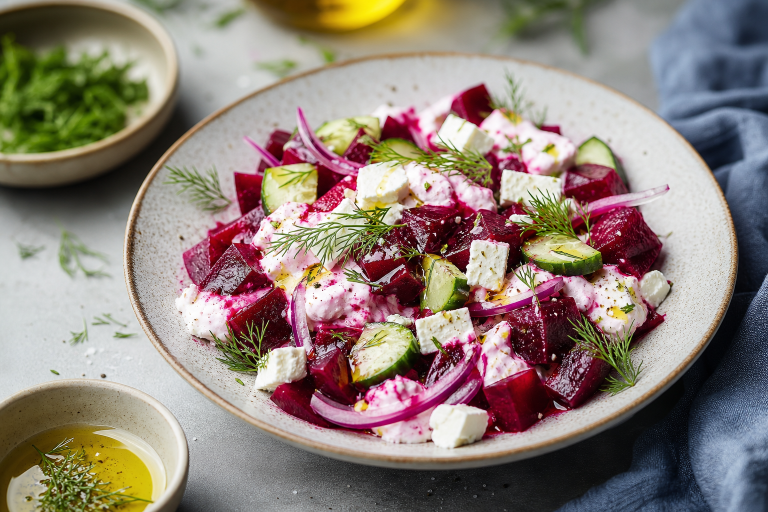 Salade grecque à la betterave, yaourt à l’aneth et noix