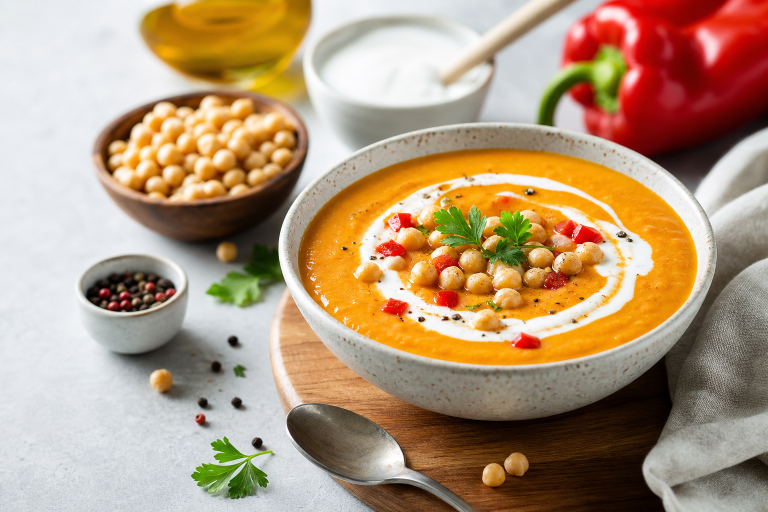 Soupe froide de poivrons rôtis, pois chiches et yaourt à l’origan