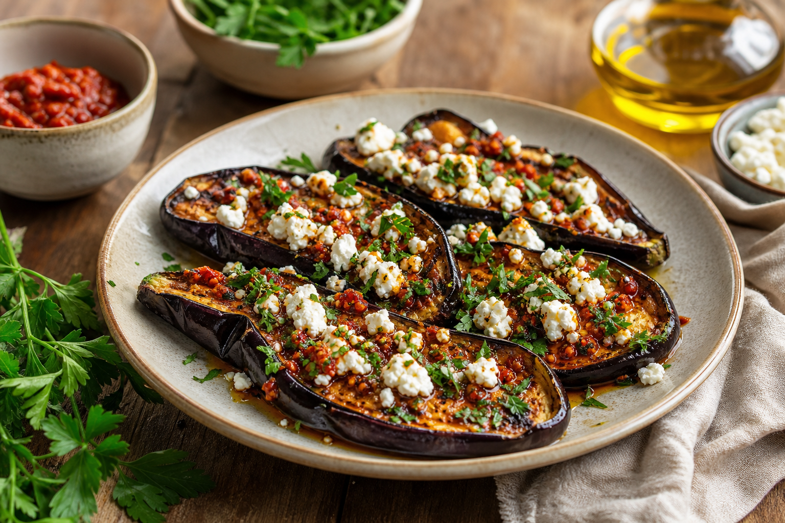 Aubergines rôties à la harissa, feta et persil