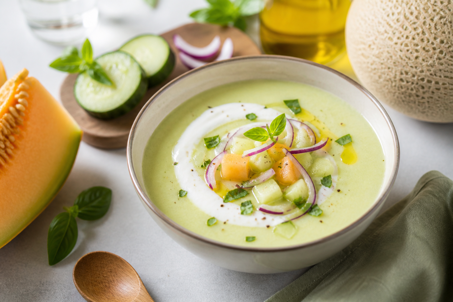Gaspacho de concombre au melon, basilic et yaourt grec