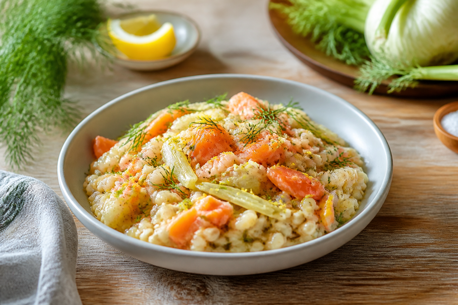 Risotto d’orge au fenouil et truite saumonée