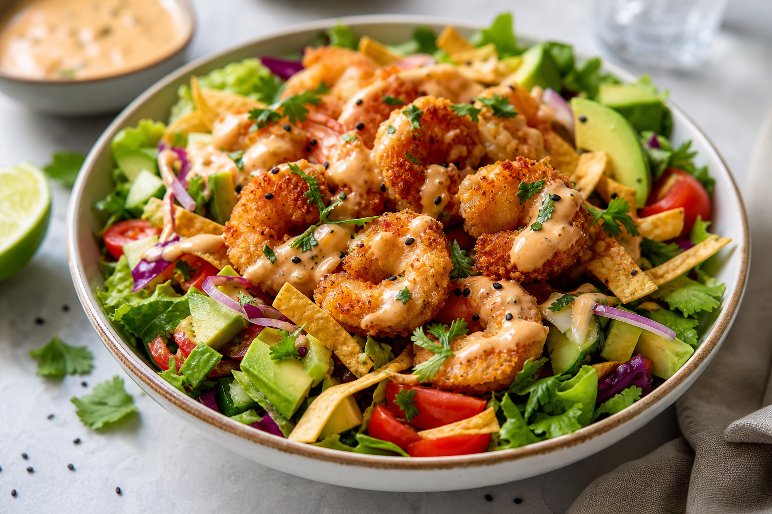 Salade estivale aux crevettes croustillantes sauce bang bang