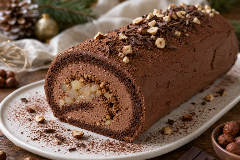 buche-de-noel-poire-chocolat-noisette-croustillante