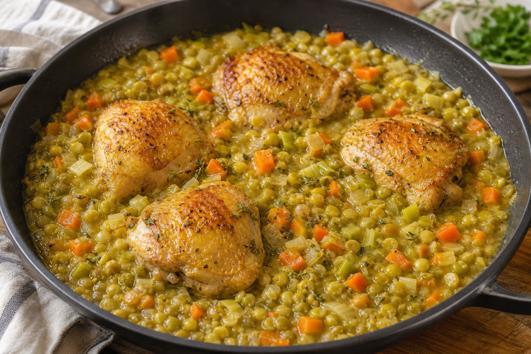 One pan de poulet aux pois cassés et légumes fondants